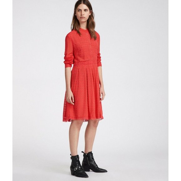 ALLSAINTS Lilith Mock Neck Fit & Flare Long Sleeve Mini Dress in Coral Size 4 - Picture 1 of 11